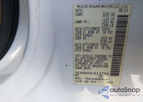 2014 Nissan Armada Sv z USA, uszkodzony, nr VIN 5N1BA0ND2EN613793